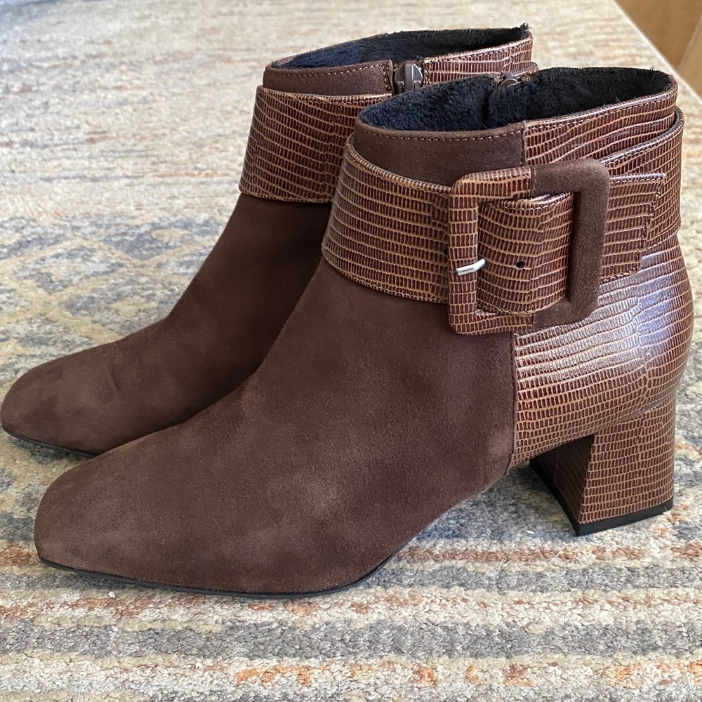 Ron White Lana Weatherproof Buckle Bootie Brown Suede Ankle Boots with Buckle